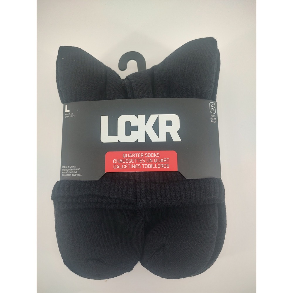 LCKR Mens Quarter Socks 6 Pair Pack Black Half Cushion Arch Support Large 8-12